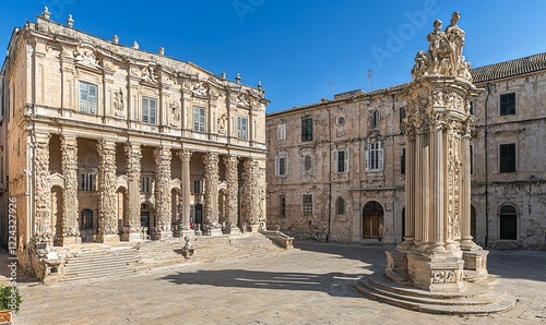 Lecce, Italy Piazza Duomo with cathedral, column statue under blue sky