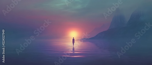 Spiritual journey across reflective water toward enlightenment with glowing horizon and ancient hints