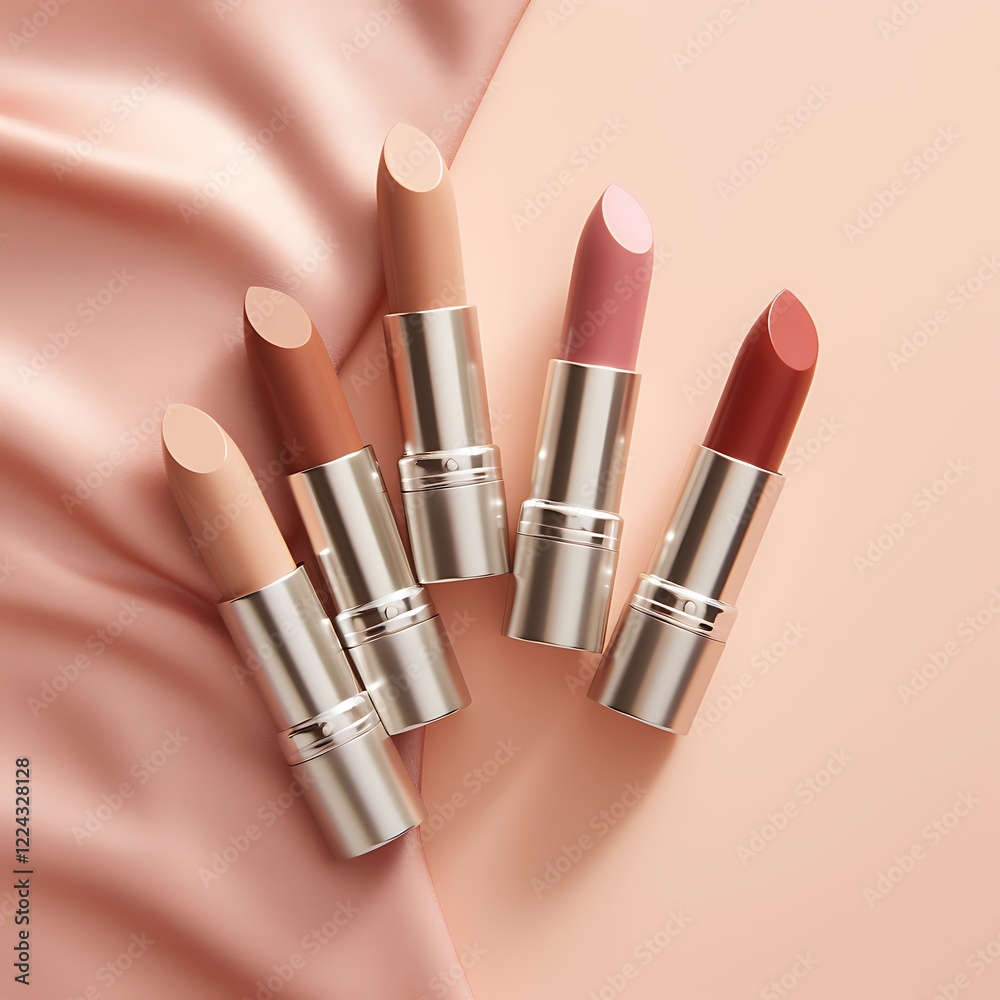 Obraz premium Pink lipstick on pastel pink background. Flat lay, top view