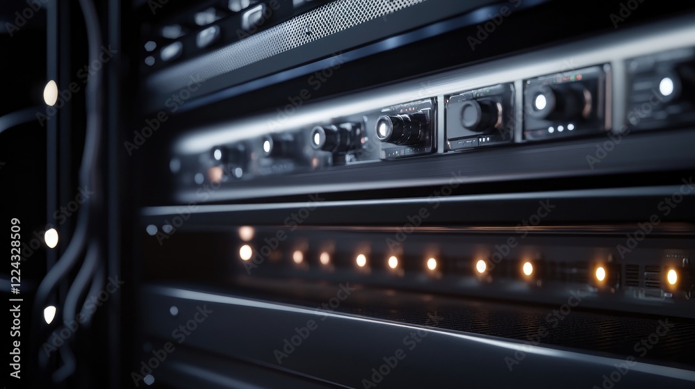 Sleek Dark Server Rack Close-Up with Technology and Data Center Infrastructure Sleek Dark Server Rack Close-Up with Technology and Data Center Infrastructure