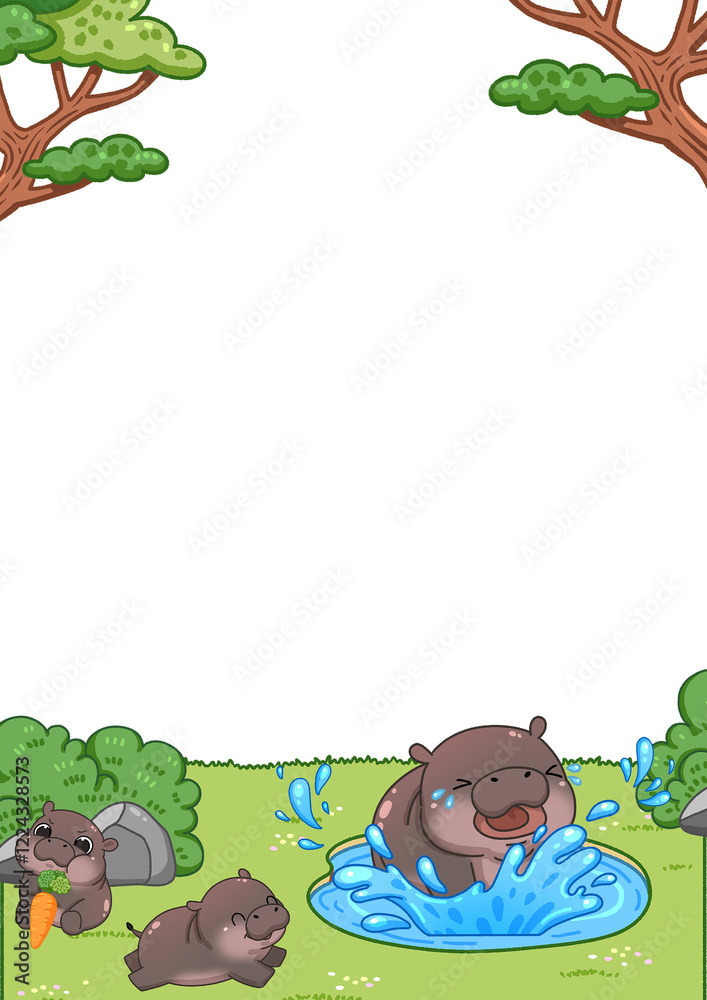 Fototapeta premium Frame of cute pygmy hippo cartoon illustration