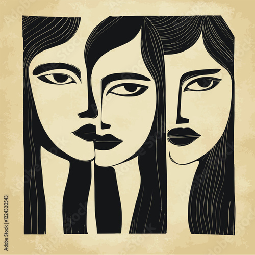 Simple Linocut Illustration Depicting Three Women Face