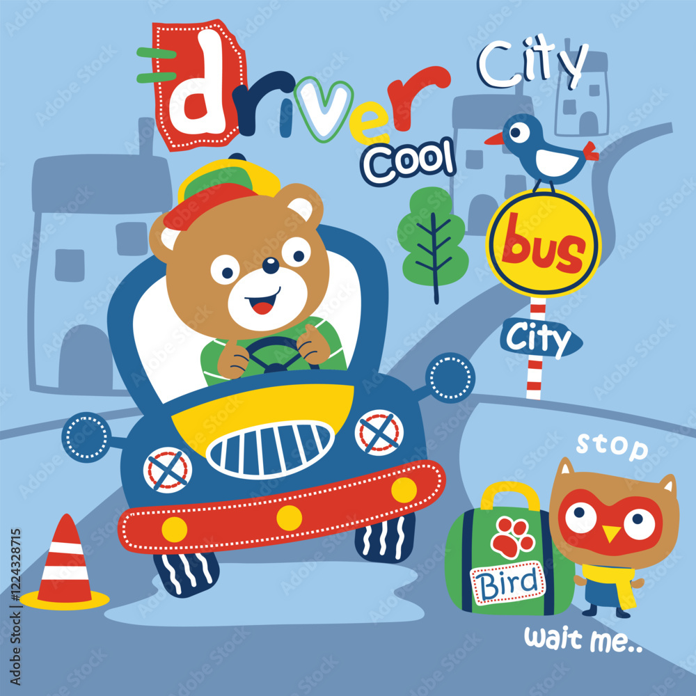 Cartoon bear driving car with owl at bus stop in city setting. Urban transportation concept
Cartoon bear driving car with owl at bus stop in city setting. Urban transportation concept