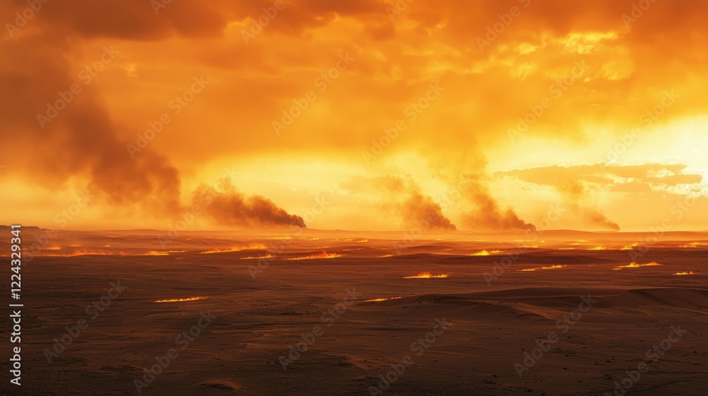 Fototapeta premium Flames dance across the desert sand as the sun sets, illuminating the horizon with hues of orange and gold. Smoke rises, creating a dramatic contrast against the fiery sky