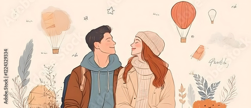 Playful and romantic wedding couple illustrations concept and wedding accessories in hand-drawn.
