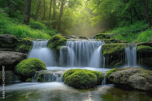 Cascading Waterfall in Lush Green Forest with Mossy Rocks and Soft Sunlight