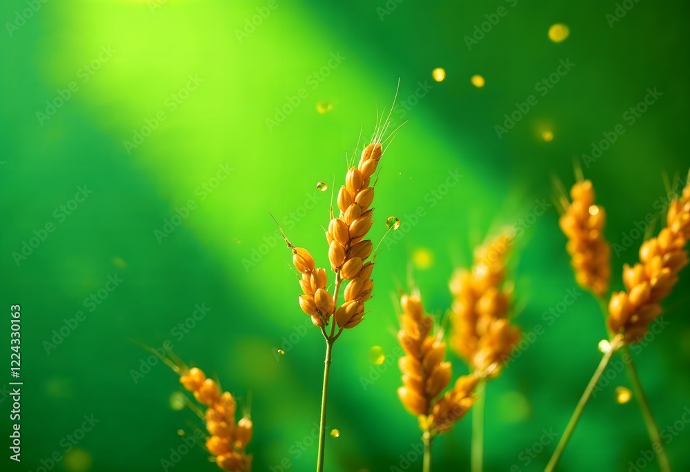 Fototapeta premium Golden Wheat Splashes: A Vibrant Harvest Close-Up. Sunlit stalks of ripe wheat stand tall against a lush green background, water droplets sparkling, signifying abundance and the bounty of nature's ha