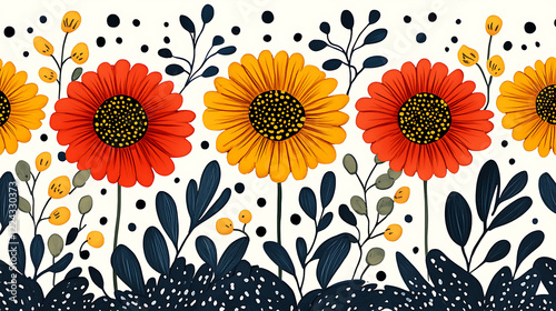 Banner of Orange and Yellow Sunflowers with Dark Blue Leaves and Black Dots on White Background