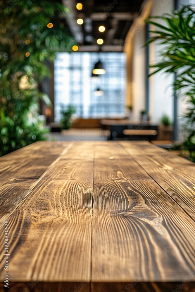 Obraz premium Rustic wooden table foreground with blurred indoor plants and lights in a modern cafe setting