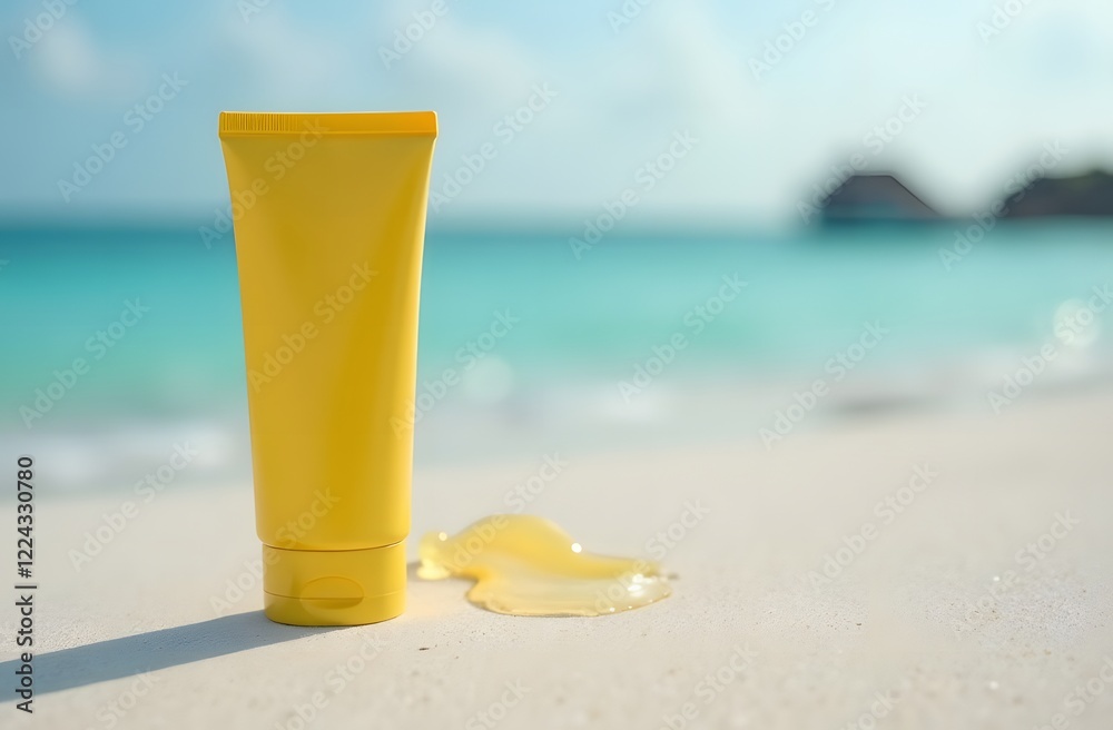 empty cosmetic skin care cream or sun block on sand beach with sea side background travel vacation accessory empty cosmetic skin care cream or sun block on sand beach with sea side background travel vacation accessory