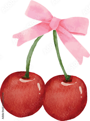 Watercolor Cherry bow vector, Vector watercolor cherries with a red bow isolated on white