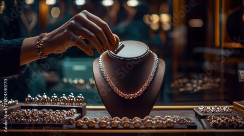 Jewelry store clerk polishing a necklace displayed in the storefront photo