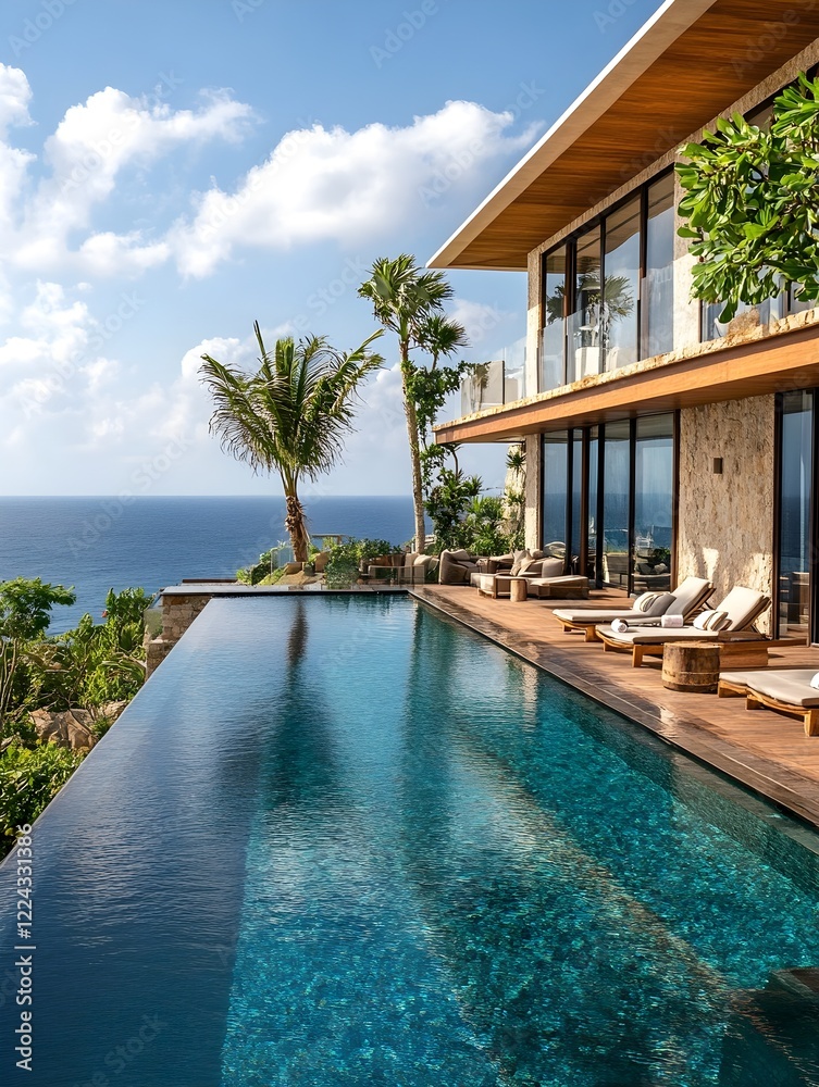 Fototapeta premium A luxury villa with an infinity pool, a wooden deck, and floor-to-ceiling windows overlooking the ocean.
