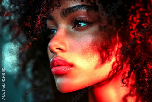 Commercial commercial creative. Pretty calm black girl - for ads, flyer and web use. Short hairdo - curly hair. African american creativity advertising. Short hair portrait. Modern black woma.