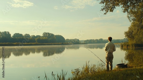 Man fishing by a quiet lake in the afternoon photo