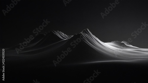 Monochrome mountain range landscape, dark background, light illuminating peaks, suitable for website banners or desktop wallpapers