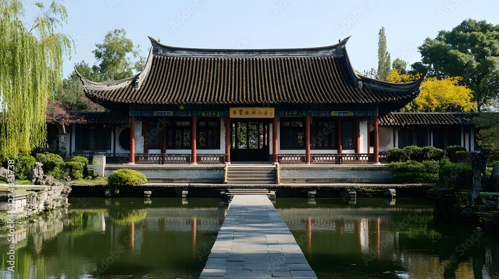 Traditional Chinese Garden Architecture with Reflective Pond and Lush Greenery : Generative AI Traditional Chinese Garden Architecture with Reflective Pond and Lush Greenery : Generative AI