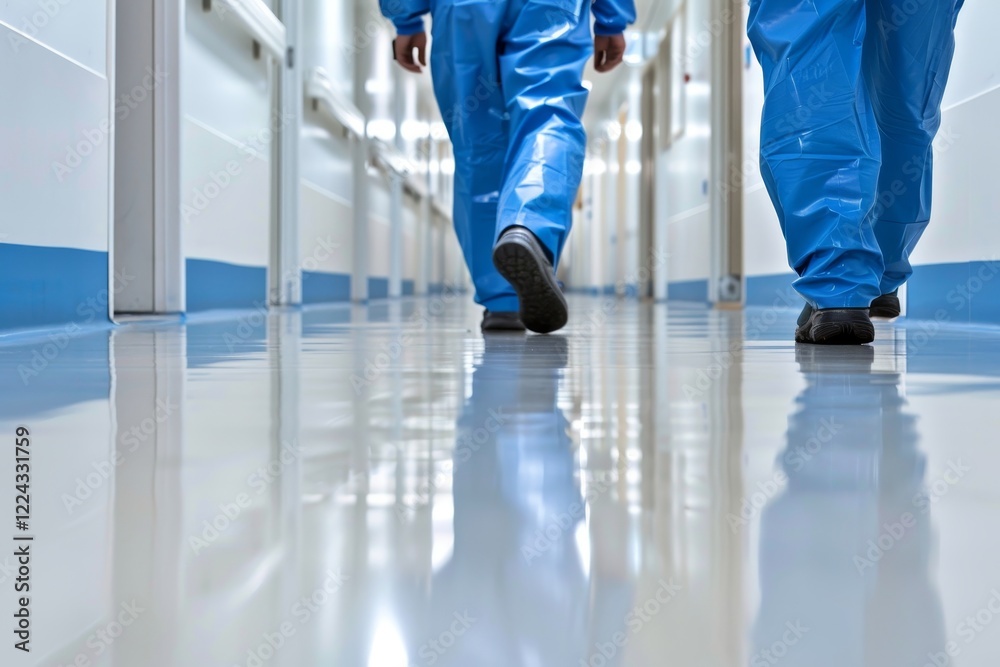 Obraz premium A group of doctors walking in a hospital corridor with a beautiful view and great composition