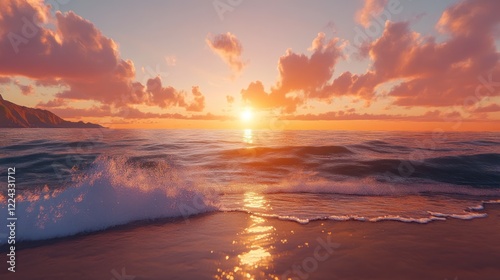 A mesmerizing view of a sunset over the ocean with pink clouds and a wave crashing on shore
