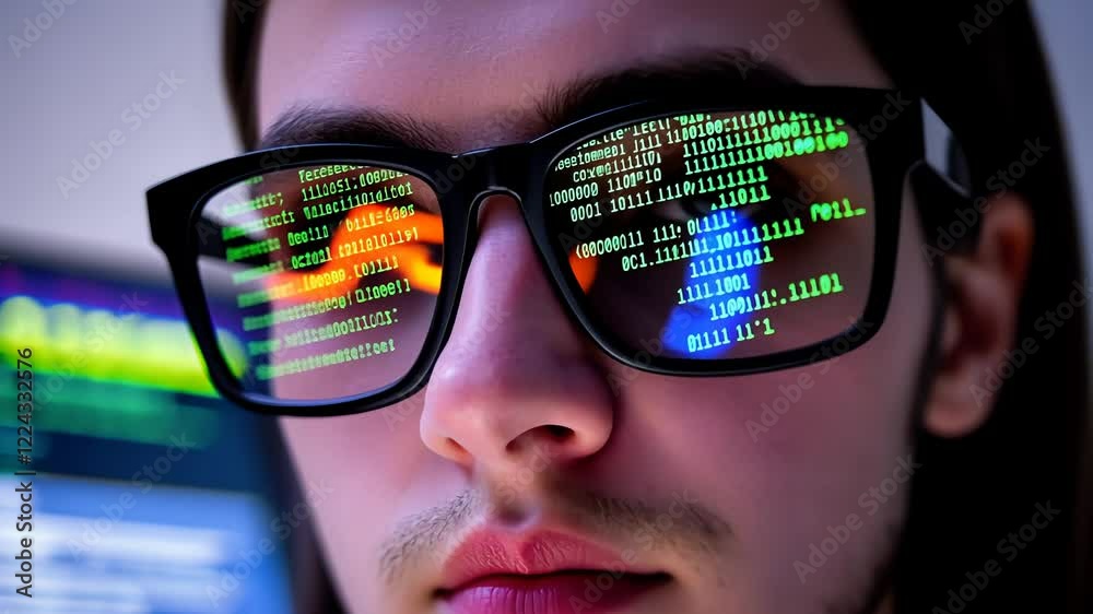 Programmer analyzing code reflections on glasses in hightech environment Programmer analyzing code reflections on glasses in hightech environment