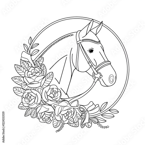 a line art illustration  horse face coloring page 