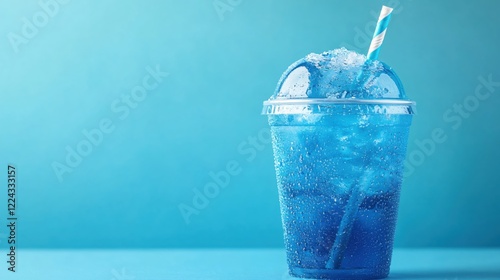 Refreshing blue slush drink in a clear plastic cup with striped straw on blue background