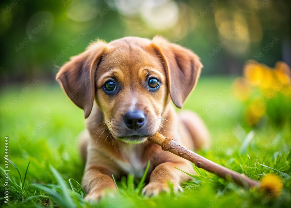Adorable Brown Mixed Breed Puppy Playing with Stick on Green Grass Adorable Brown Mixed Breed Puppy Playing with Stick on Green Grass