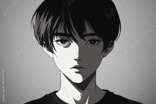 Anime Style Monochrome Portrait of a Young Man.