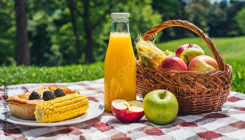 Fototapeta Naklejka Na Ścianę i Meble -  A picnic blanket with boiled corn, fresh fruits, a freshly baked pie, a bottle of juice, and a basket set up as a still life in a city summer park. No people present.