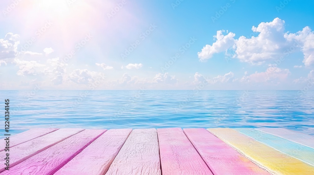 Obraz premium Colorful wooden planks by sunny ocean; summer vacation background