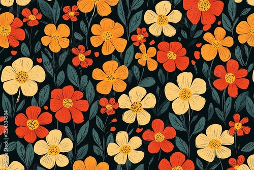 Vibrant floral pattern featuring colorful flowers on a dark background, ideal for fabric or wallpaper design