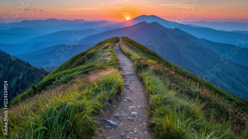 A winding path through lush green grass and wildflowers on a mountain peak with a dramatic sunrise in the background. AI generative. .