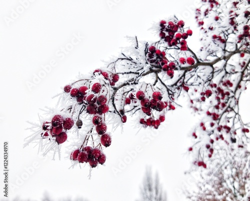 Frost-covered red berries on a winter branch. A close-up of frosty red berries on a branch, showcasing winter's beauty, shot against a white sky for a serene effect. photo