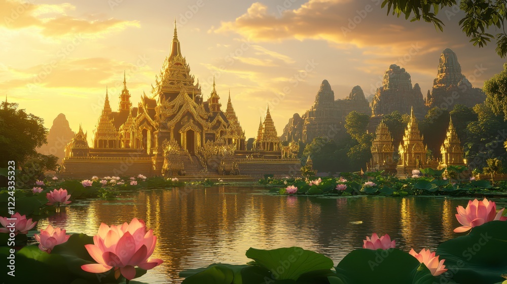 Fototapeta premium Majestic ancient Siamese royal palace at sunset with lotus pond reflection