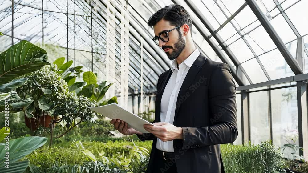 Businessman analyzing data in modern greenhouse environment with digital tablet Businessman analyzing data in modern greenhouse environment with digital tablet