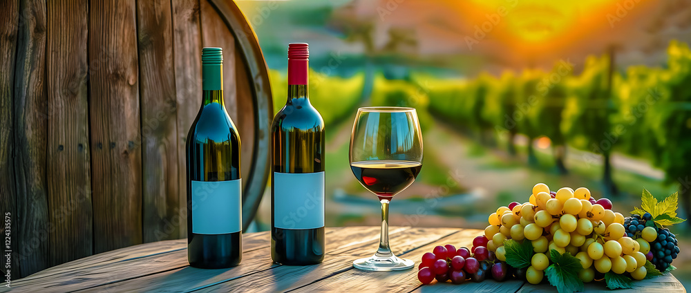Naklejka premium Sunset Vineyard: Wine Bottles, Glass, and Grapes