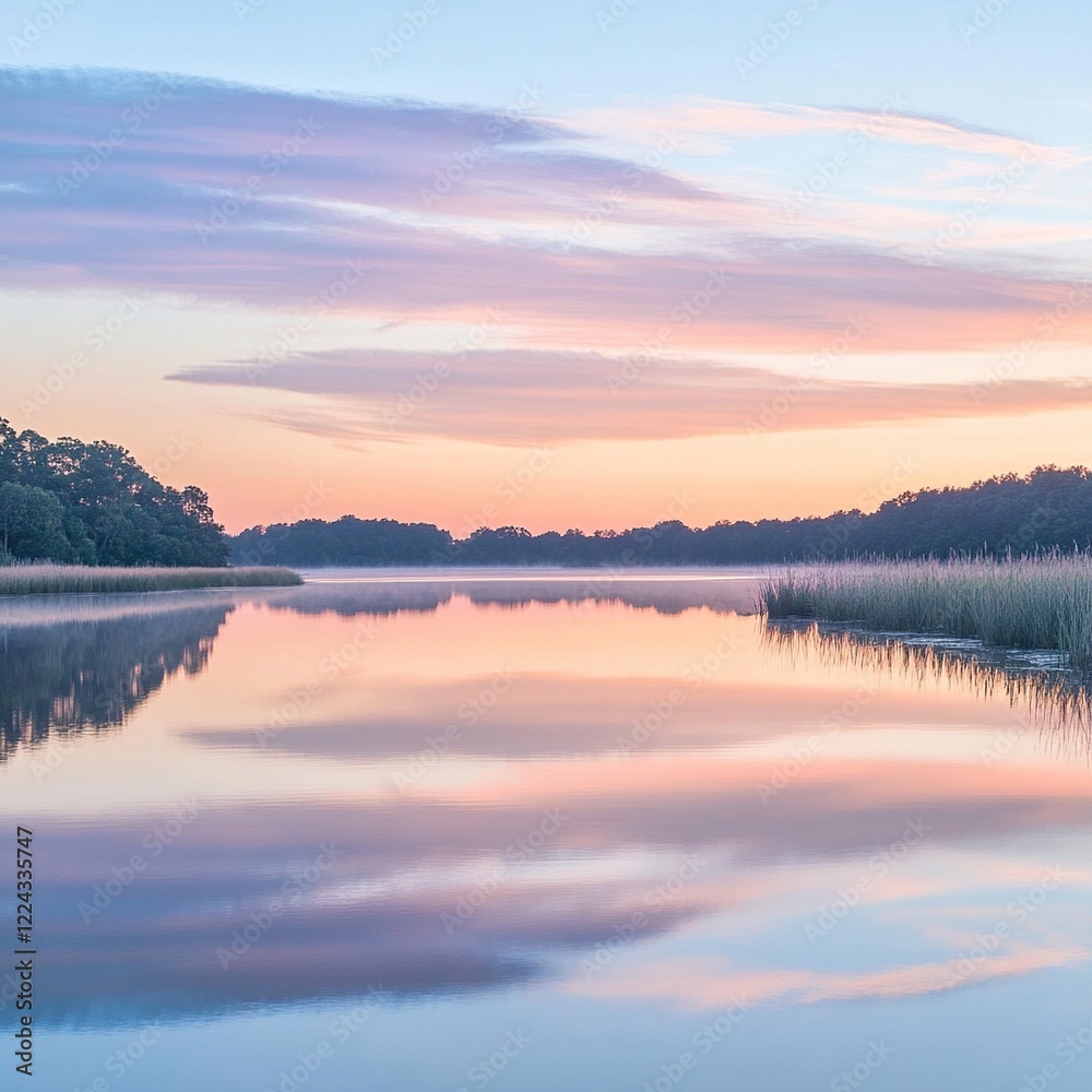 Fototapeta premium Serene sunrise over calm lake reflecting pastel sky.