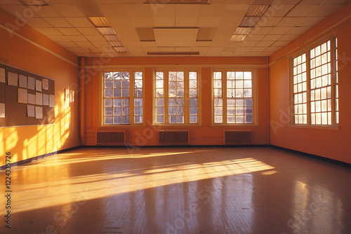 Bright, empty classroom with large windows casting shadows on the wooden floor in the afternoon light