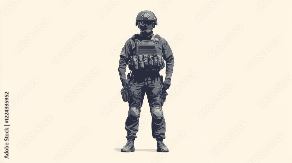 Armed soldier in tactical gear standing. Armed soldier in tactical gear standing.
