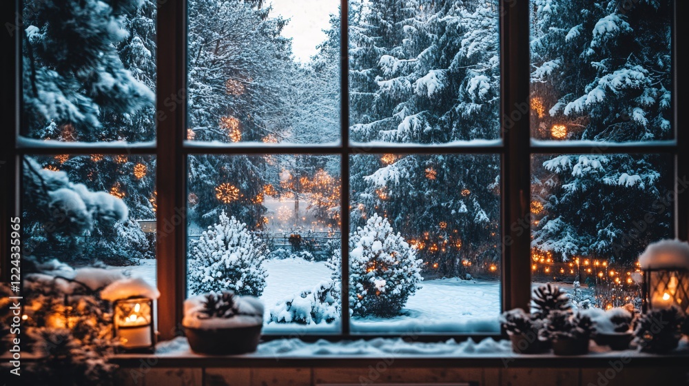 Naklejka premium Snowy winter scene through window with lights and decorative pine cones on the windowsill