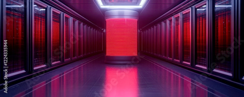 Futuristic digital corridor with glowing red lights and reflections. photo