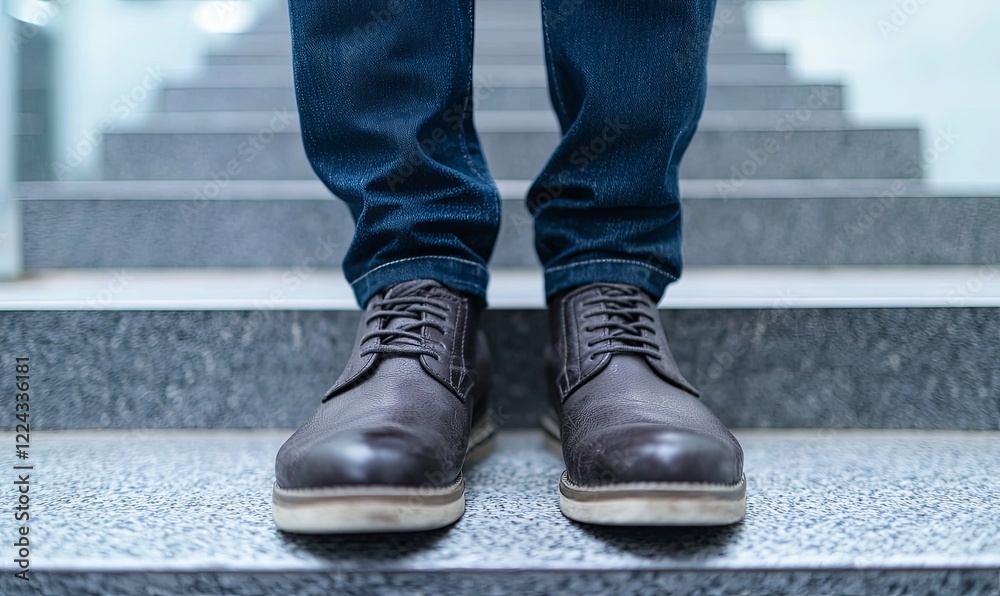Man in brown shoes and jeans standing on stairs indoors Man in brown shoes and jeans standing on stairs indoors
