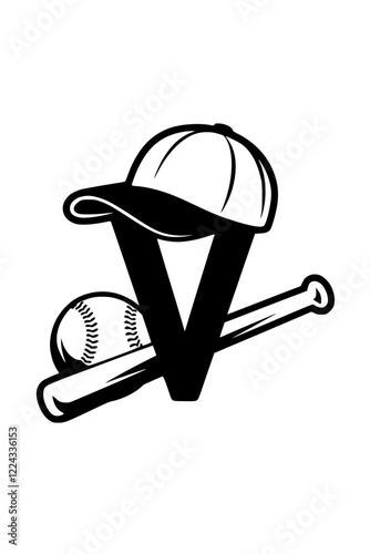 Baseball Icon with Letter V Design, Black and white sports-themed graphic featuring a baseball bat, ball, cap, and bold letter "V" in a stylish design on a white background.  
  
