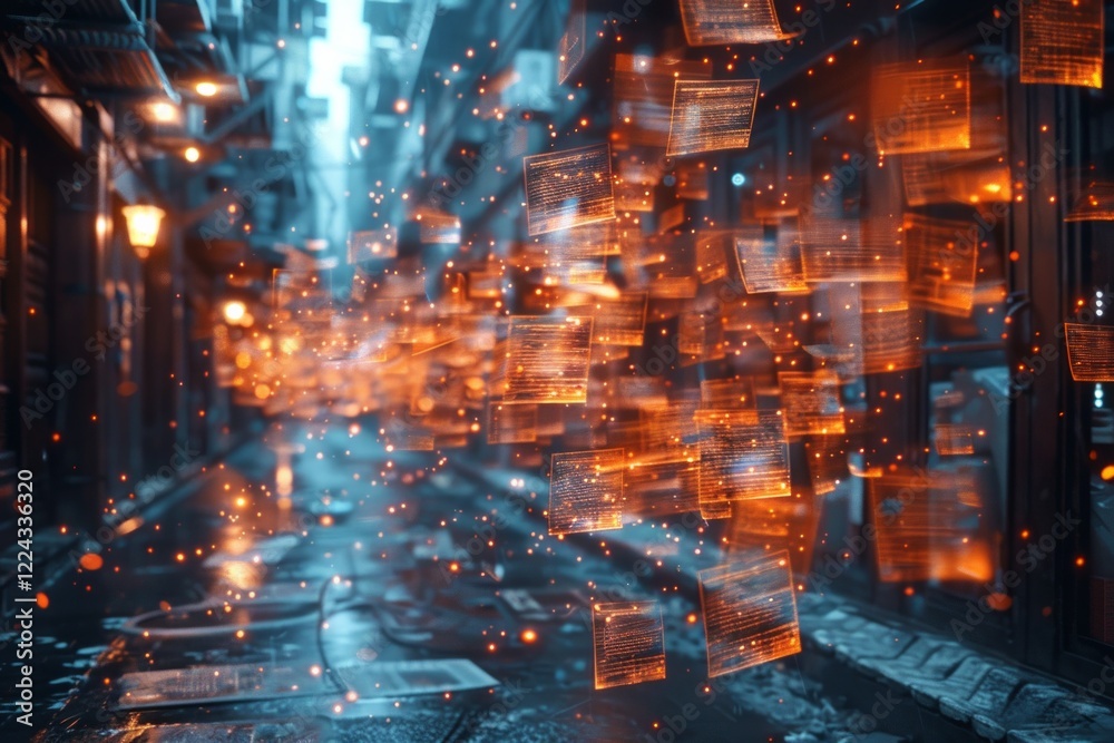 Fototapeta premium Glowing orange squares float in a dark city alley with blurred lights. AI generative. .