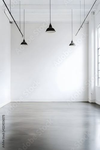 Clean White Wall in Minimalist Commercial Space with Polished Flooring and Lighting Fixtures