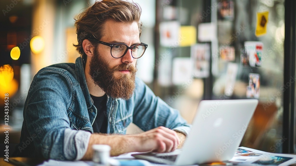 Focused young man with beard working on laptop in coffee shop Focused young man with beard working on laptop in coffee shop