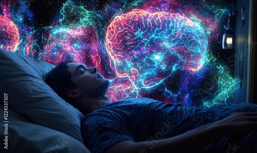 Man sleeping peacefully, dreaming with colorful brain activity visualized in the background