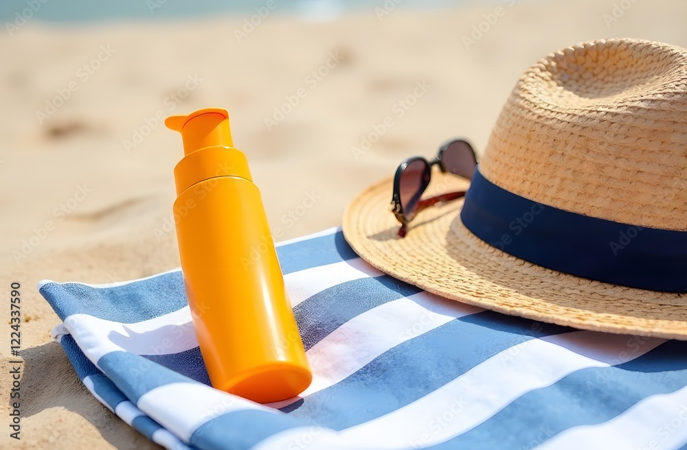 A beach scene with a bottle of sunscreen, a striped towel, stylish sunglasses, and a straw hat on a sandy background. Accessories to protect the skin from the summer sun, the concept of relaxing at se A beach scene with a bottle of sunscreen, a striped towel, stylish sunglasses, and a straw hat on a sandy background. Accessories to protect the skin from the summer sun, the concept of relaxing at se