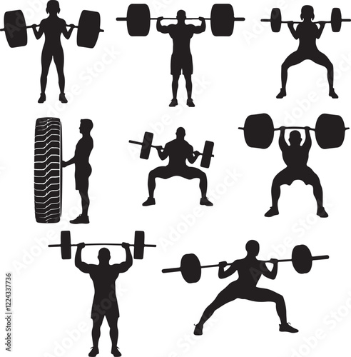 weightlifting silhouette set. Gymnastics, Weight Lifting and Fitness, Weight Lifting Women, Gym Silhouette, art vector silhouettes design