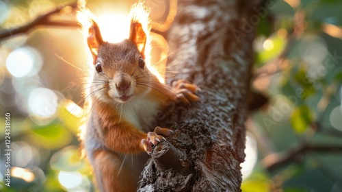 A red squirrel with large ears looks at the camera, perched on a tree trunk in a sunlit forest. AI generative. .